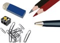 ÃÂ  table with various stationery used pens and penknife